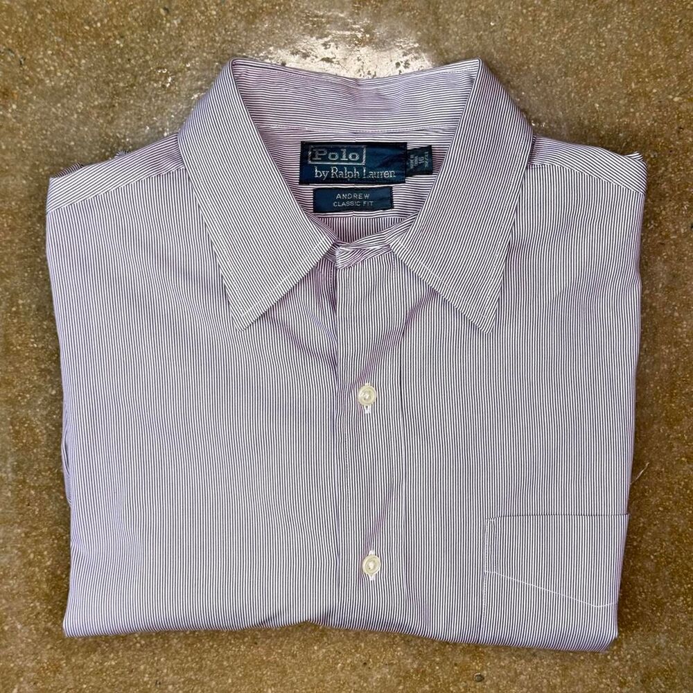 Polo Ralph Lauren Andrew Shirt Mens 16.5 32 Burgundy Stripe Made Hong Kong